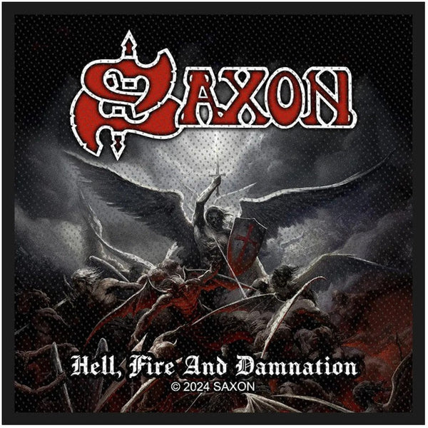 Saxon - Hell, Fire and Damnation kudottu Hihamerkki / Patch 10 cm - Hoopee.fi