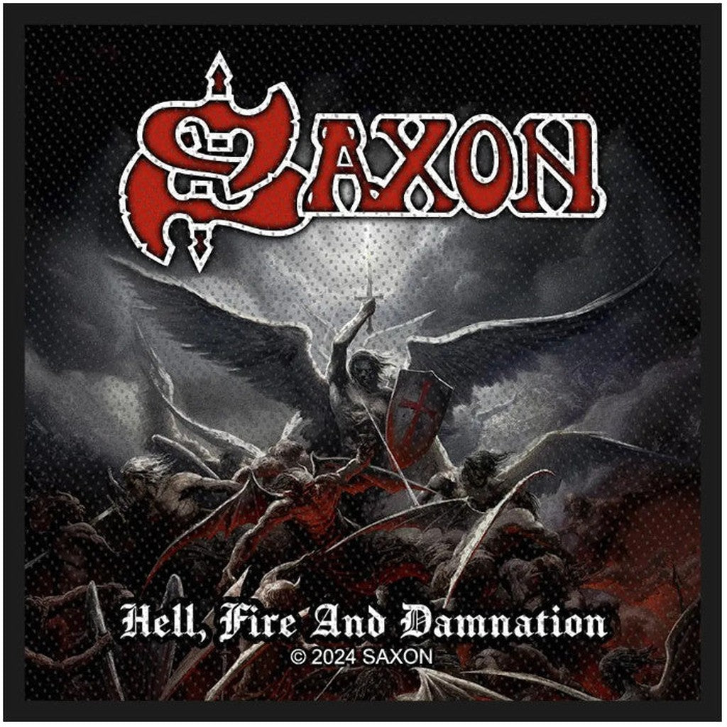 Saxon - Hell, Fire and Damnation kudottu Hihamerkki / Patch 10 cm - Hoopee.fi